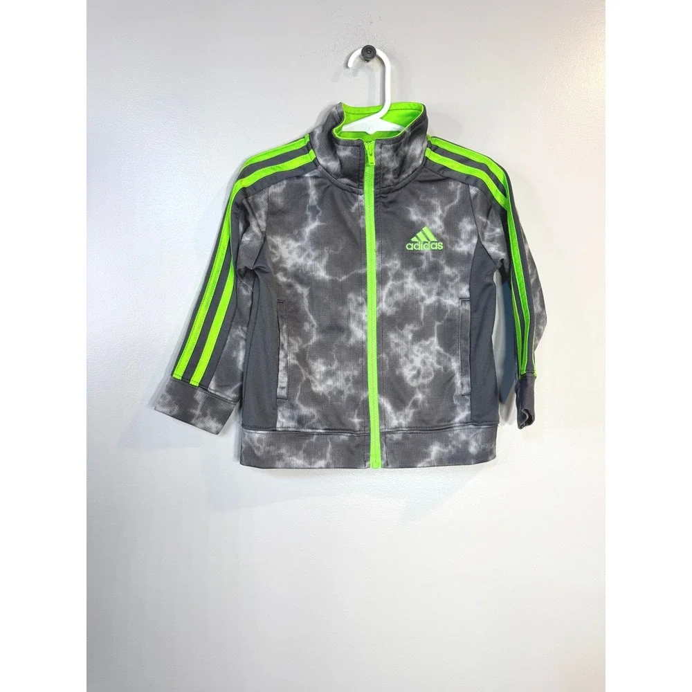 Kids Adidas Track Jacket Gray Tie Dye Neon Green Logo Zip Up Kids Size 2T Sporty
